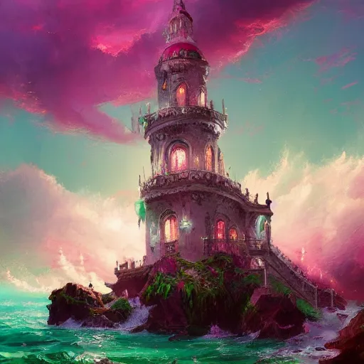 Image similar to a delicate ornate white fantasy tower with pink and green decoration splashes upwards from a turbulent ocean, dramatic lighting, rich colors, beautiful oil painting, artstation