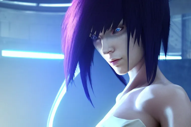 Image similar to cyberpunk ghost in the shell concept inspired motoko kusanagi, futuristic look, highly detailed body, very powerful, photorealistic camera shot, bright studio setting, studio lighting, crisp quality and light reflections, unreal engine 5 quality render