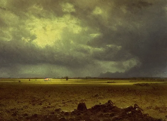 Image similar to a vast muddy field with many corpses buried underneath it, albert bierstadt, landscape, dark and scary