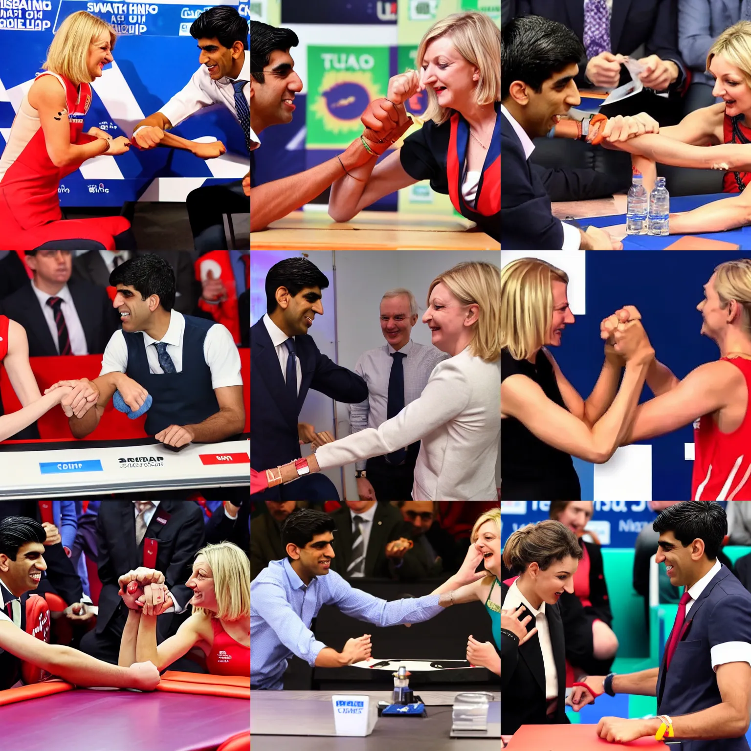 Prompt: rishi sunak and liz truss arm wrestling