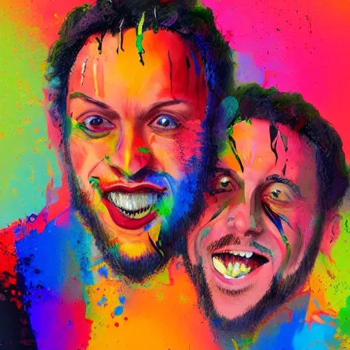 Image similar to landscape, portrait beautiful painting, two men with scarred faces smiling happily while high - fived. fine art, bright colors, trending on artstation, smooth draw, sharp focus, digital art.