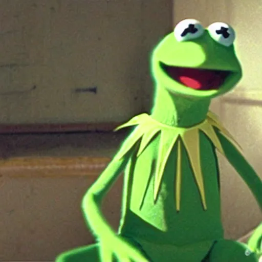 Prompt: a still of kermit the frog, anime, spirited away,