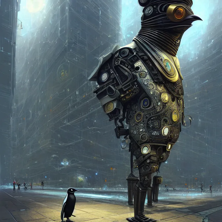 Image similar to A solarpunk very highly detailed Anthropomorphic cybertronic penguin wearing sport suit with very highly detailed face on the street of a very highly detailed solarpunk city digital rational painting art by Greg Rutkowski, sci-fi highly detailed, digital concept art, Volumetric natural light, sharp focus, Golden Ratio illustration, realistic concept art by Stephen Hickman and James Gurney and Hiromasa Ogura Ghost in the Shell rendered in VRAY, From the distance