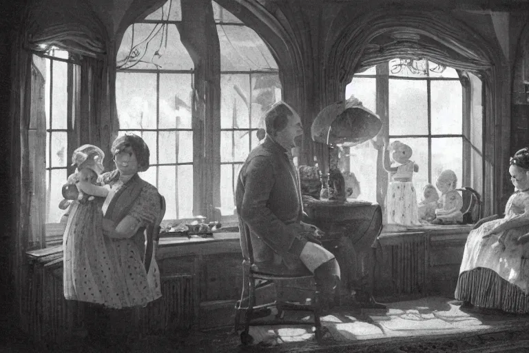 Image similar to charming and chubby parents and their very fat baby girl, wearing a polka dot cloths and a victorian - style hairdo, sits in the large and bright studio. sunlight enters through the barred window. modern etching style. beautiful lighting, 4 k post - processing, highly detailed, 5 k extremely detailed, 3 d. cinematic scene.