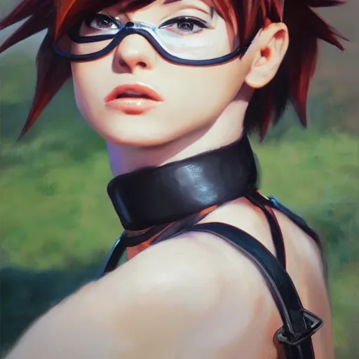 Image similar to oil painting of tracer overwatch in a field wearing o - ring choker around neck, in style of mark arian, expressive face, detailed face, detailed eyes, full body, feminine face, tracer overwatch,