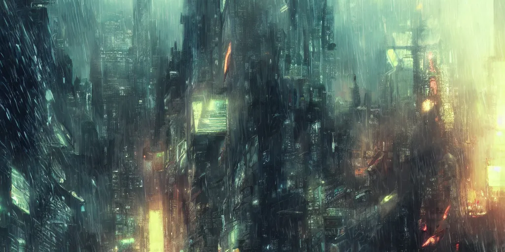 Image similar to blade runner with swords, 3 d anime, arcane style, ny, high resolution, by yoshitaka amano, by ruan jia, by conrad roset, by dofus online artists, city landscape, side scrolling, rule of thirds, 4 k