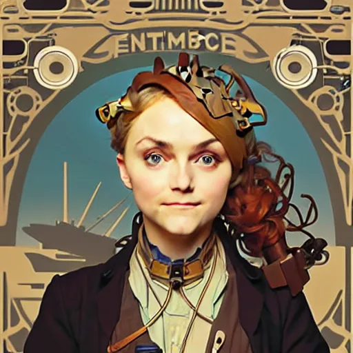 Image similar to Portrait of annasophia robb as an airship mechanic at her crammed workbench, steampunk, defined facial features, highly detailed, busy, artstation, official artbook, official Kyoto Animation and Studio Ghibli anime screenshot, by Ilya Kuvshinov and Alphonse Mucha
