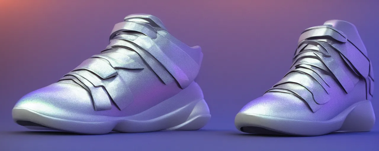 Image similar to a hight tech, iridescent sneaker made by kayne, octane render, high details, soft light