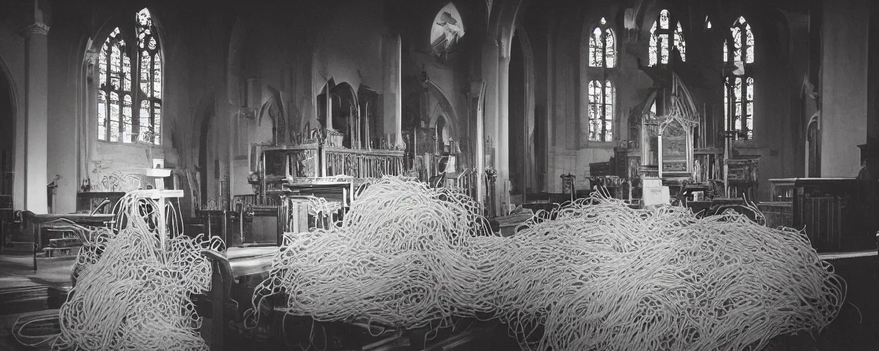 Image similar to interior of a church with a large cross on the podium covered in spaghetti, worshippers in the pews in the background, canon 5 0 mm, cinematic lighting, photography, retro, film, kodachrome, closeup