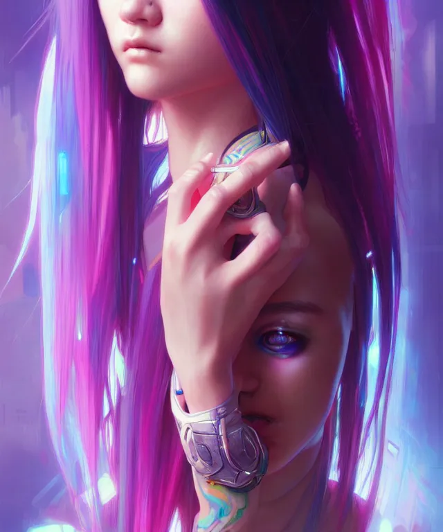 Image similar to Cyberpunk teenage girl, portrait, Asian features, face, rainbow coloured hair intricate, elegant, highly detailed, digital painting, artstation, concept art, smooth, sharp focus, illustration, art by artgerm and greg rutkowski and alphonse mucha