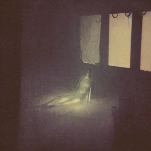 Prompt: coloured atmospheric polaroid photo of a with transparent ghostly banshee corpse body floating in old living room lighted with flashlight interior