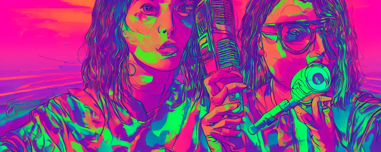 Image similar to Mexican female rapper holds microphone straight out, digital art, vapor wave, hip hop, psychedelic, surreal, trending on Artstation, professional artist, detailed, 4k