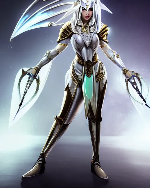 Image similar to perfect white haired attractive egyptian goddess, warframe armor, pharaoh headdress, beautiful, symmetric, dreamy, half asian, pretty face, green eyes, charlize theron, detailed, scifi platform, laboratory, experiment, 4 k, ultra realistic, epic lighting, android body, illuminated, cinematic, masterpiece, art by akihito tsukushi, voidstar