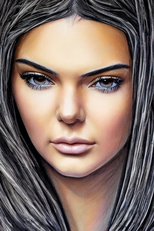 Prompt: realistic detailed face portrait painting of the beautiful kendall jenner with long hair with sci-fi headwear and transparent skin ,drawn by HR GIGER