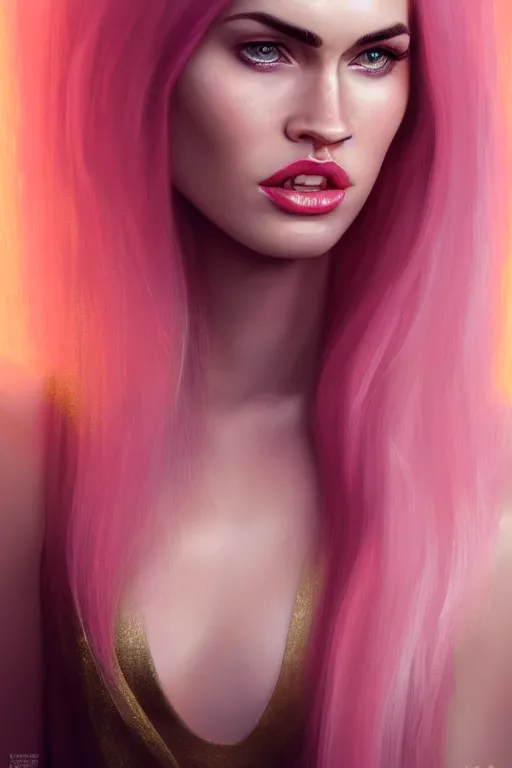 Image similar to Portrait of a beautiful pale skin Nordic female megan fox with long pink hair, elegant, photorealistic, highly detailed, artstation, smooth, sharp focus, gold ornaments, neon lighting, sci-fi, art by Klimt