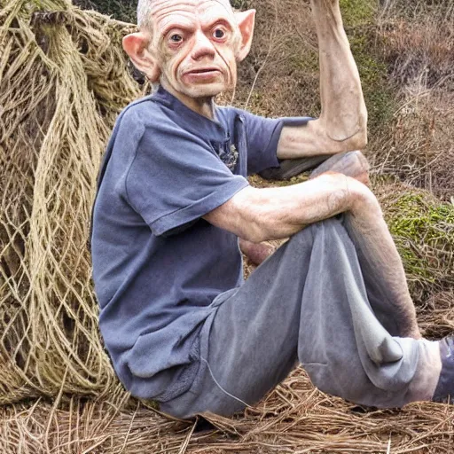 Image similar to Gollum sat on the twine, stretching