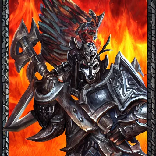 Prompt: Ares with heavy armor and sword, dark sword in Ares's hand, war theme, bloodbath battlefield, fiery battle coloring, hearthstone art style, epic fantasy style art, fantasy epic digital art, epic fantasy card game art
