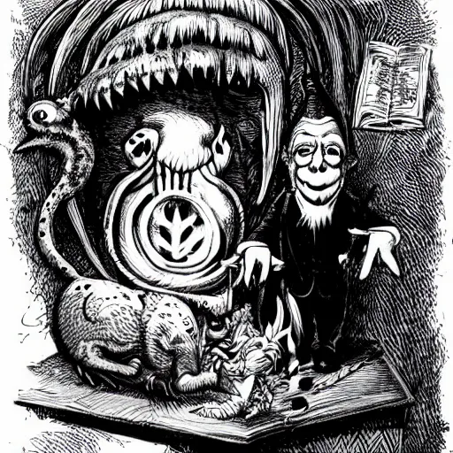 Prompt: beware the jubjub bird, and shun the frumious bandersnatch! | lewis carroll and hp lovecraft with doctor seuss and hr giger