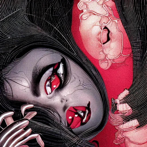 Image similar to portrait closeup of screaming black reflective glossy dark woman, sensual pose, symmetrical, glitches, snakes, by yoichi hatakenaka, masamune shirow, josan gonzales and dan mumford, ayami kojima, takato yamamoto, barclay shaw, karol bak, yukito kishiro, moebius