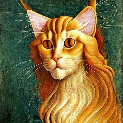 Image similar to beautiful renaissance painting portrait of ginger maine coon by sandro botticelli, jan van eyck, tiziano vecelli, piero della francesca