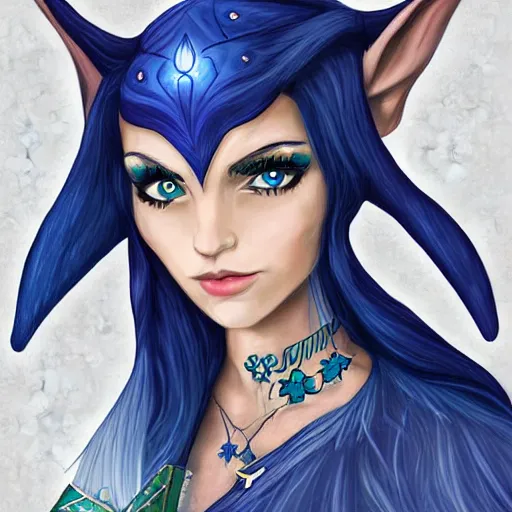Prompt: digital art portrait of beautiful d&d fantasy elf, dark blue hair, jewelry, tattoos, epic, wizard outfit, robes, magic