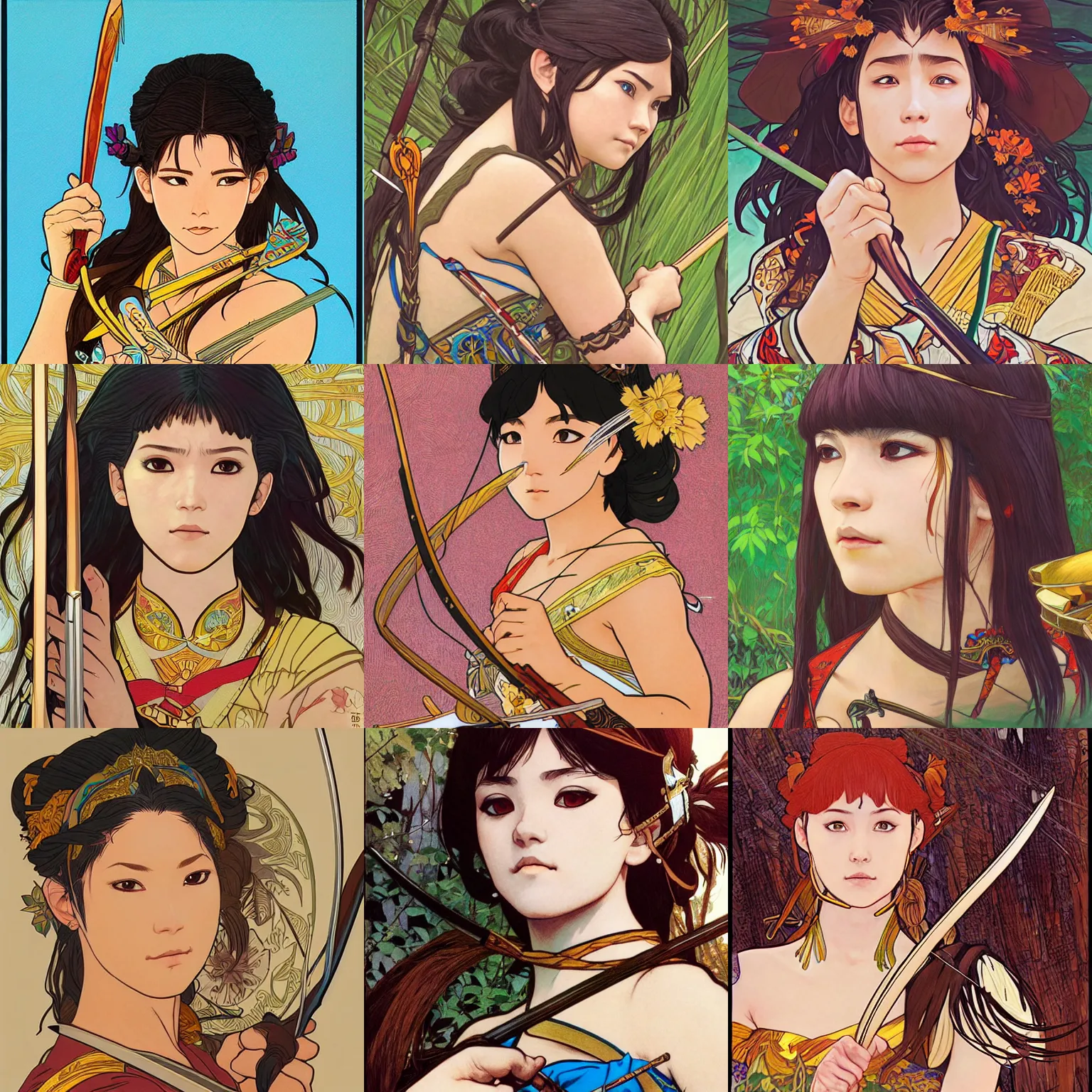 Prompt: Character portrait of an Amazon warrior drawing her bow, fantasy, beautiful face, highly detailed, acrylic paint, Kyoto Animation, by Ilya Kuvshinov and Hayao Miyazaki and Alphonse Mucha