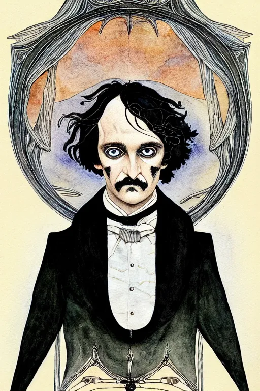 Prompt: realistic symmetrical portrait of edgar allen poe in the center of a black wing frame, detailed art by kay nielsen and walter crane, illustration style, watercolor