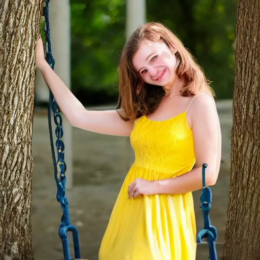 Image similar to a detailed portrait of a real cute girl on swing, wearing a yellow dress, smiling coy, award winning hd photo