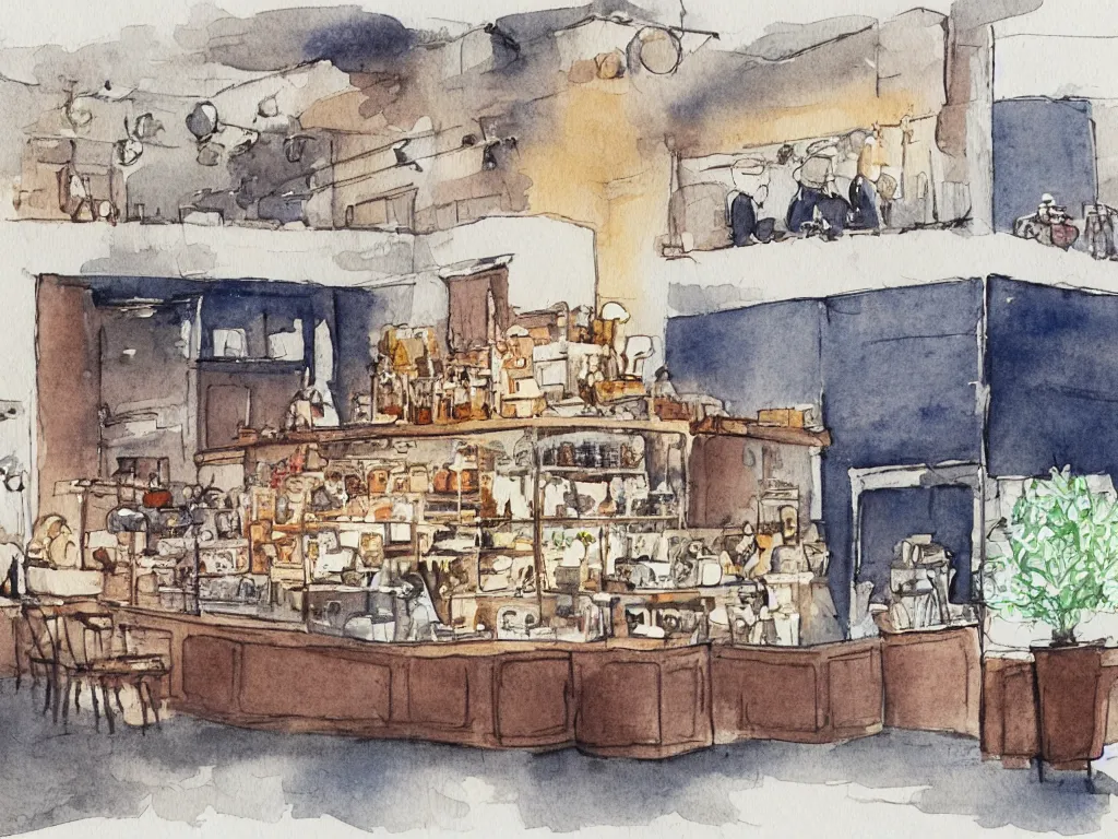 Image similar to a coffee shop smooth light color watercolor ink pen