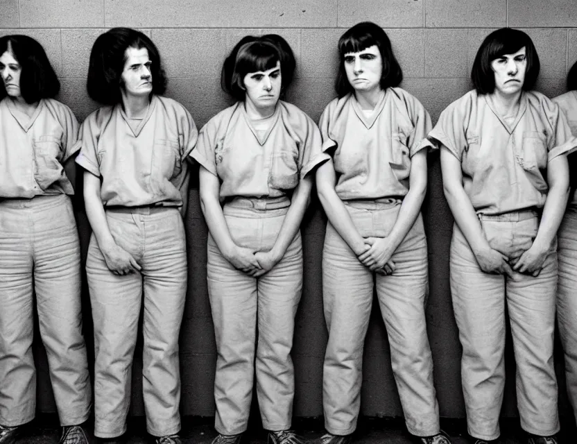 Image similar to six woman with masculine faces in jail behind bars by william eggleston