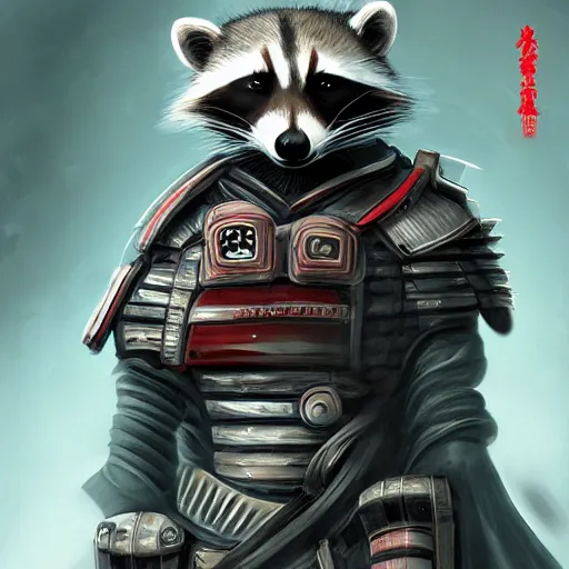 Image similar to Raccoon cyberpunk samurai in a futuristic samurai armor, digital fantasy art, trending on art station, cinematic lighting, sharp and detailed, epic