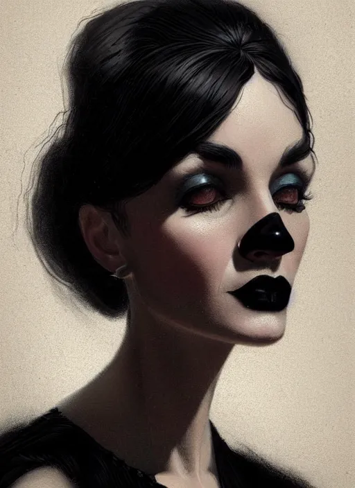 Image similar to portrait of a woman with a hook nose and a confident expression, 1 9 6 0 s, black clothes, goth, punk, funk, intricate, elegant, highly detailed, digital painting, artstation, concept art, smooth, sharp focus, illustration, art by wlop, mars ravelo and greg rutkowski