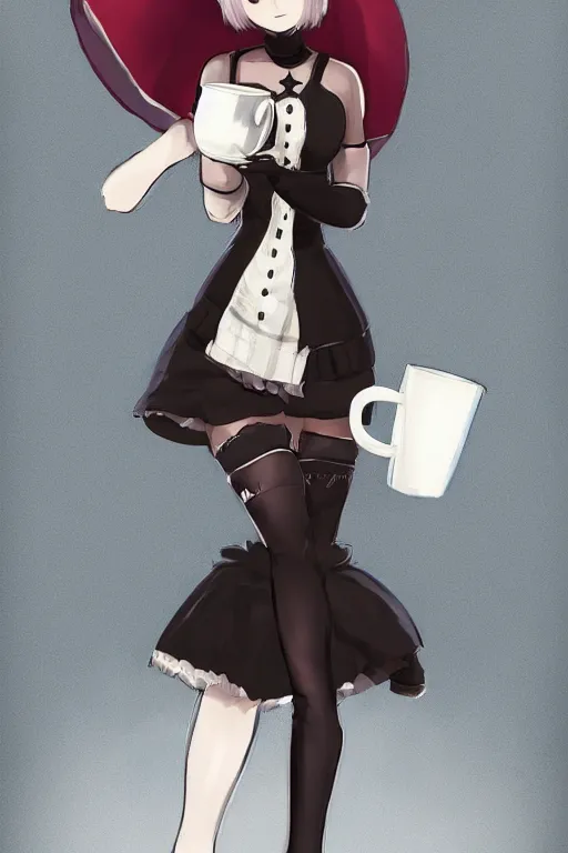 Image similar to Concept art of 2B from Nier Automata wearing a tartan miniskirt and holding a cup of tea