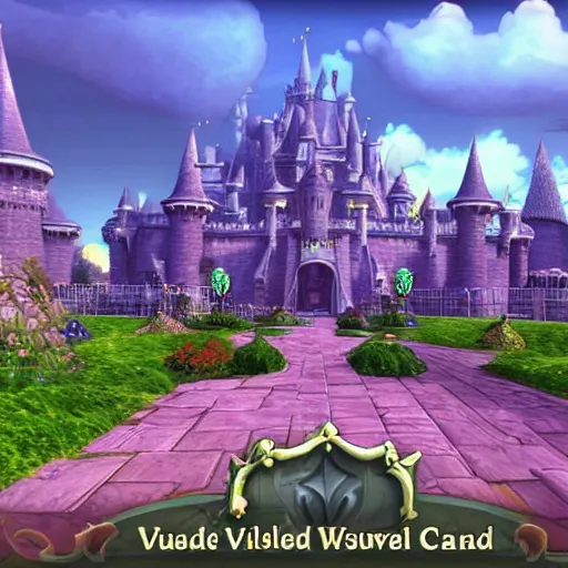 Image similar to road leading to Stormwind city, large fantasy castle with flower gardens, screenshot from violet evergarden