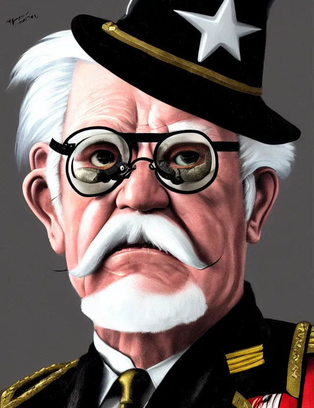 Image similar to a portrait of colonel sanders wearing a military uniform and a black eyepatch over his left eye, by moebius and tyler edlin and hr giger, trending on artstation, digital art, 4 k resolution, detailed, high quality, sharp focus, hq artwork, coherent, insane detail, concept art