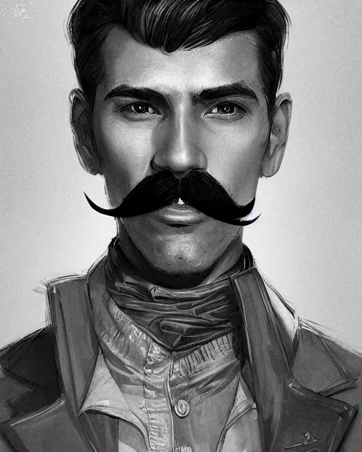 Image similar to a portrait of a male vintage thief with mustache by Cedric Peyravernay