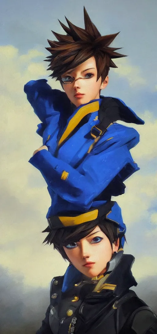 Image similar to oil painting of tracer overwatch in a field wearing blue uniform and black spiked collar, in style of ivan aivazovsky, expressive face, detailed face, detailed eyes, full body, feminine face, tracer overwatch,