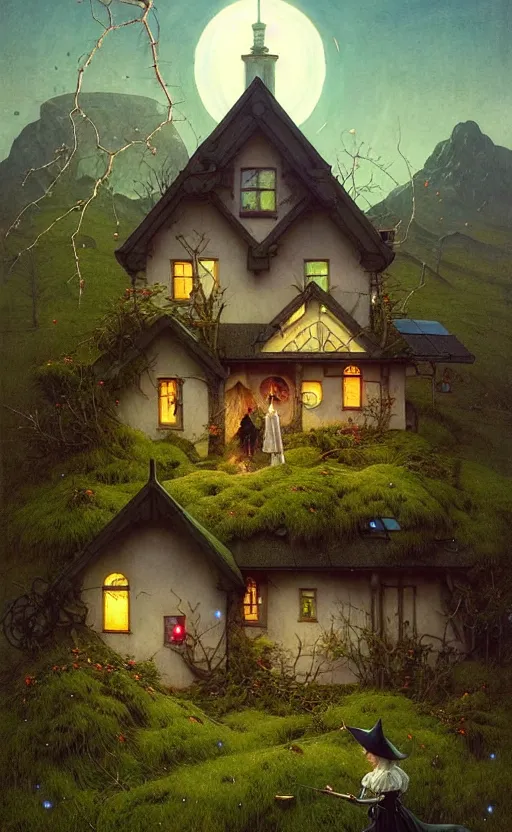 Prompt: a hyper realistic witchy cottage with solar panels on a tall hill, distant explosions in the mountains, atmospheric lighting, lush foliage, painting by chiara bautista and tom bagshaw, mucha, beksinski and norman rockwell and greg rutkowski weta studio, and lucasfilm