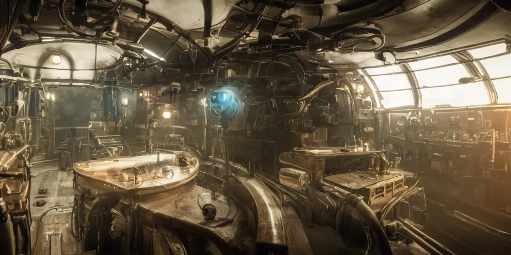 Prompt: photograph of a dieselpunk submarine interior set design, cinematic lighting, haze, arri alexa, anamorphic bokeh, 4 k, graded with davinci resolve