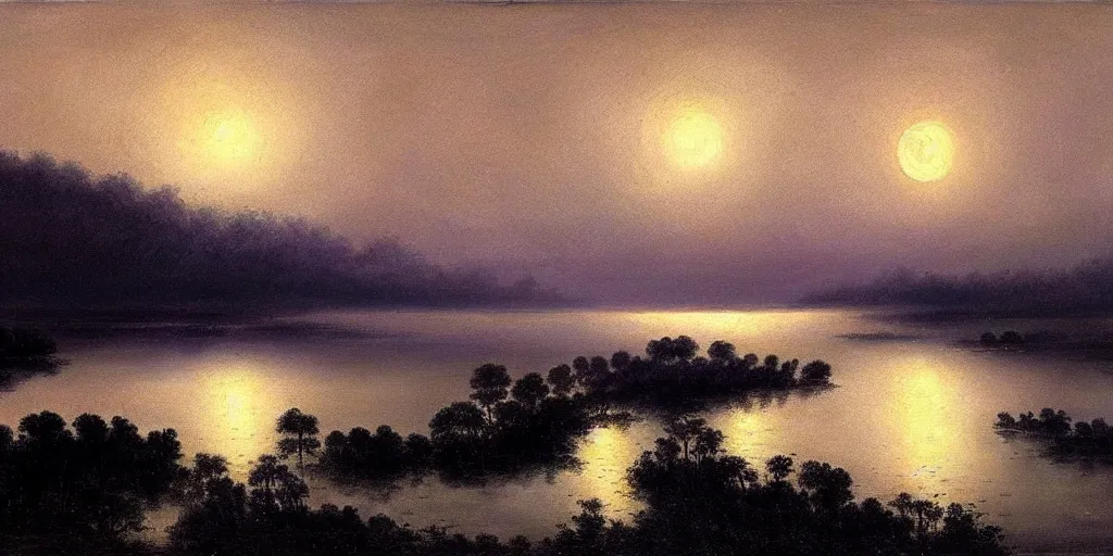 Image similar to awe inspiring arkhip kuindzhi landscape, hyperrealistic oil painting, moonlight over a river, 4 k, matte