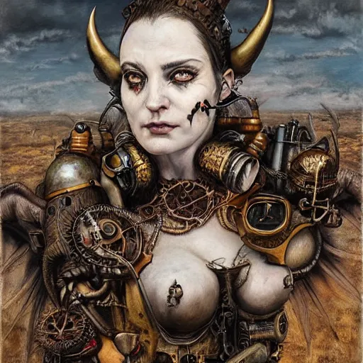 Image similar to a hyperrealistic portrait painting of a beautiful woman with demonic horns wearing steampunk goggles, flying on the back of a dragon into the apocalypse, by santiago caruso, highly detailed,