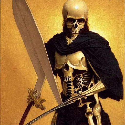 Image similar to portrait of a skeleton archer with big sword, wearing helmets and armor with wings, symmetrical, solemn, sacred, aura, by bouguereau