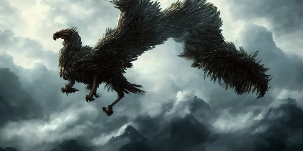 Image similar to a giant griffin ascending to the clouds, concept art, digital illustration, trending on artstation, deviantart, artgerm, epic composition, masterpiece, highly detailed, advanced technique, ambient lighting, wlop, ross draws