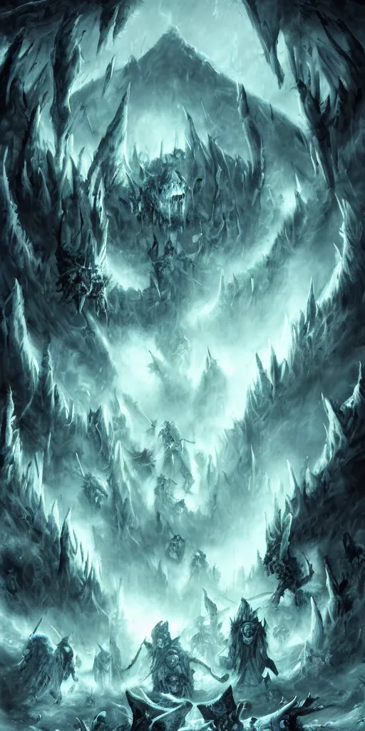Prompt: vast ice dungeon, undead army, warcraft, warcraft artwork, mixed art, cinematic light, majestic, hyperrealistic, hyper detailed, dark fantasy, gritty