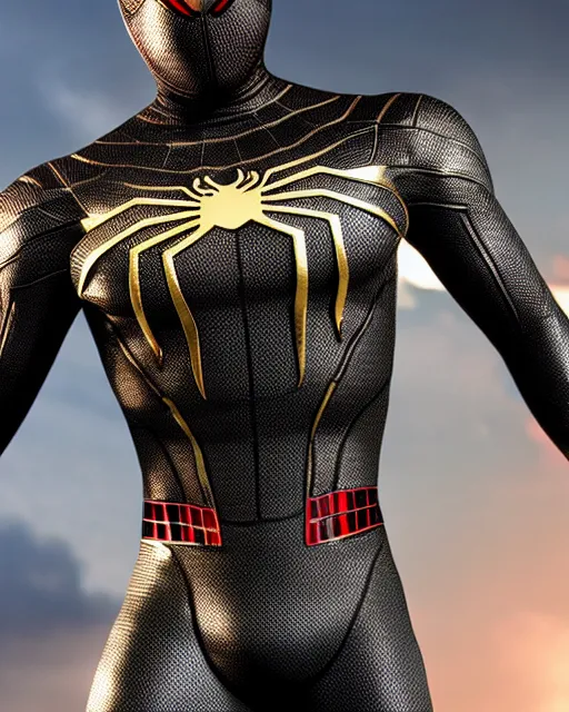 Image similar to photorealistic, hyperdetailed photograph of black spider - man suit with gold webbing by insomniac games