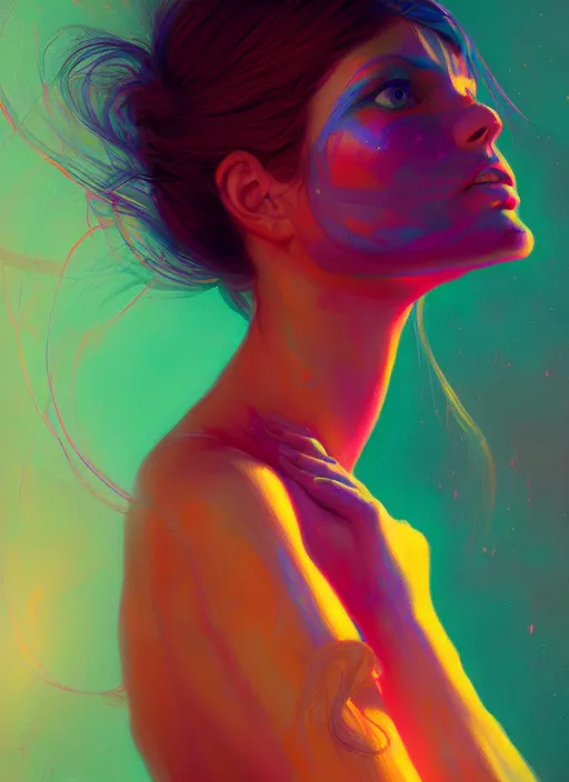 Prompt: A psychedelic portrait of a woman with very long legs vibrant color scheme, highly detailed, in the style of romanticism, cinematic, artstation, Moebius, Greg rutkowski