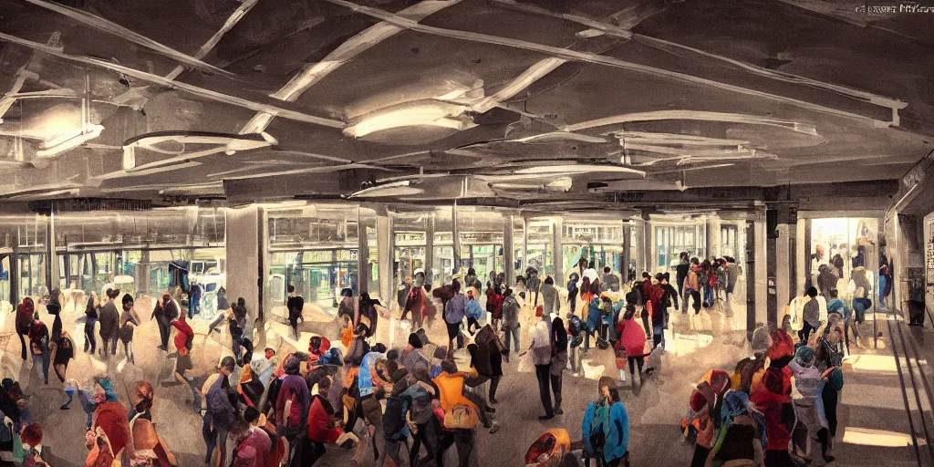 Image similar to Detailed Interior of Staten Island Ferry, Marathon Runners, Dawn Atmosphere, Light Shafts, Concept Art