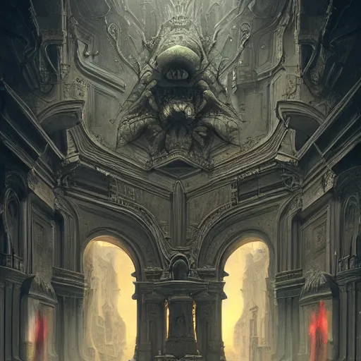 Prompt: sci - fi concrete alien eldritch demonic baroque rococo gothic architecture in hell, babylonian, ziggurat, zaha hadid, beksinski, wayne barlowe, oil painting, photoreal, highly detailed, 8 k, hd, vray, artstation, cinematic matte painting, extreme detail photo quality, sunset, featured on behance