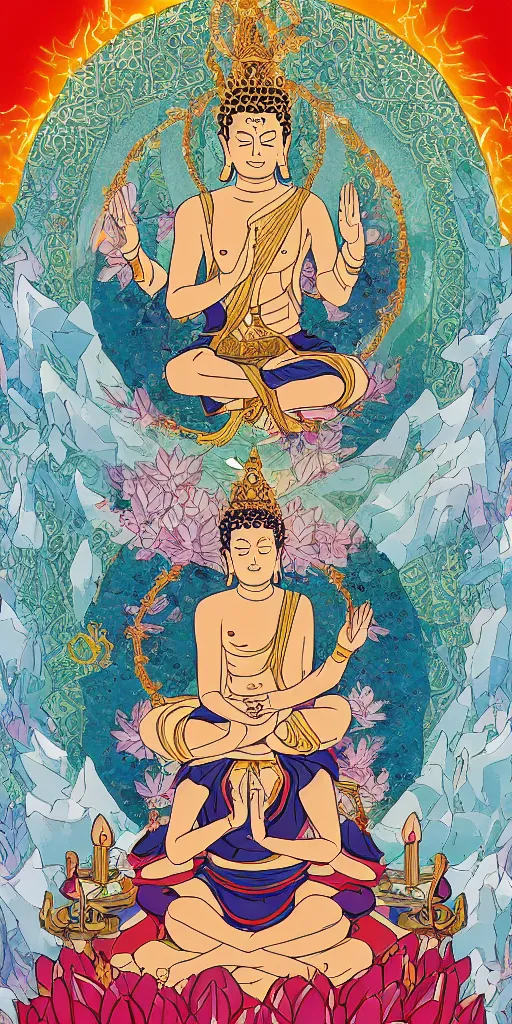 Prompt: buddha sitting on a throne of ice surrounded by lotus flowers drawn by studio trigger, in the style of Little Witch Academia, spiritual enlightenment, tarot card, Tarot card the Hierophant,