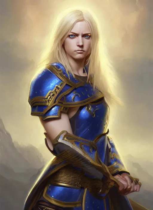 Image similar to a _ fantasy _ style _ portrait _ painting _ of timid and shy white female paladin with blonde hair and blue eyes,, scar under left eye, holy oil _ painting _ unreal _ 5 _ daz. _ rpg _ portrait _ extremely _ detailed _ artgerm _ greg _ rutkowski _ greg